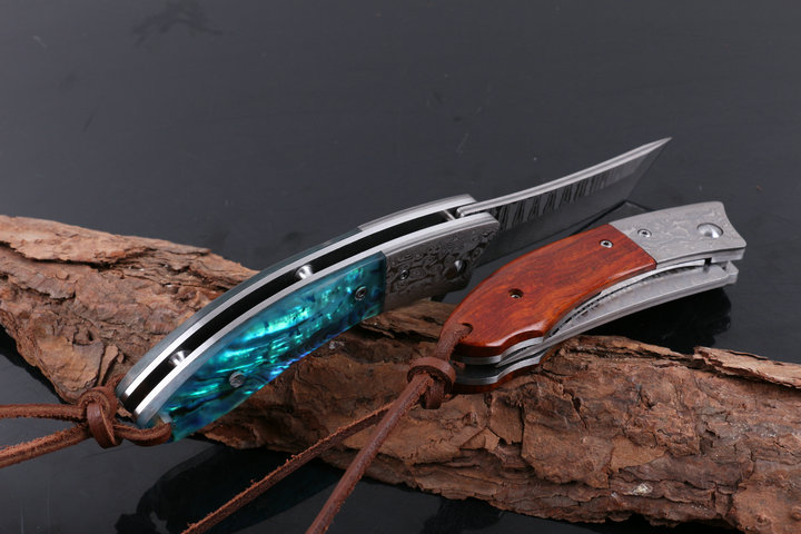 Revenge fighter VG10 Damascus abalone and ebony handle folding knife UD404973